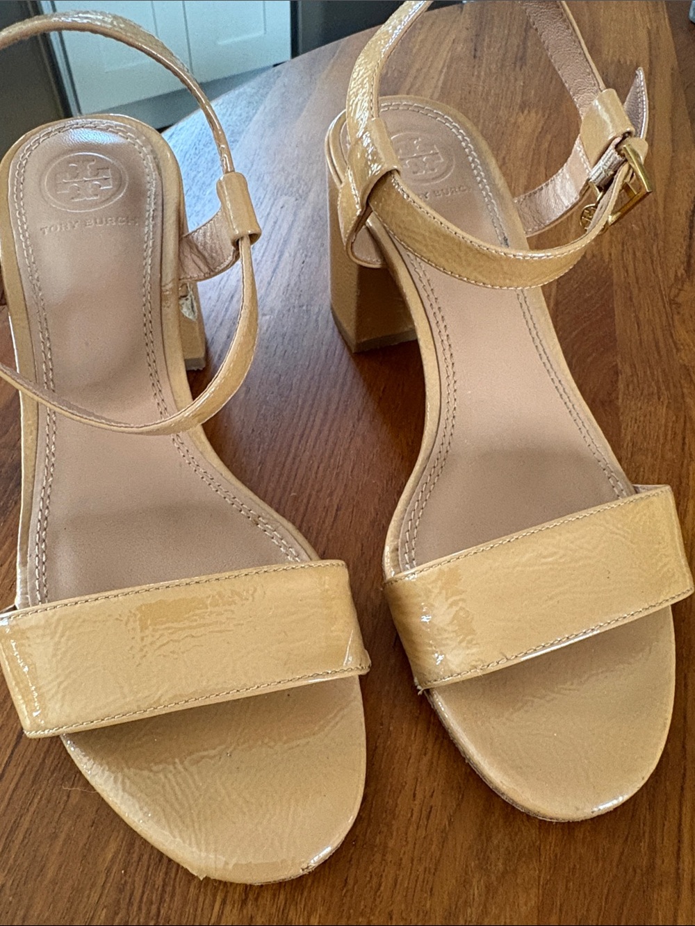 Tory Burch Nude Patent Leather Block Heel Sandals